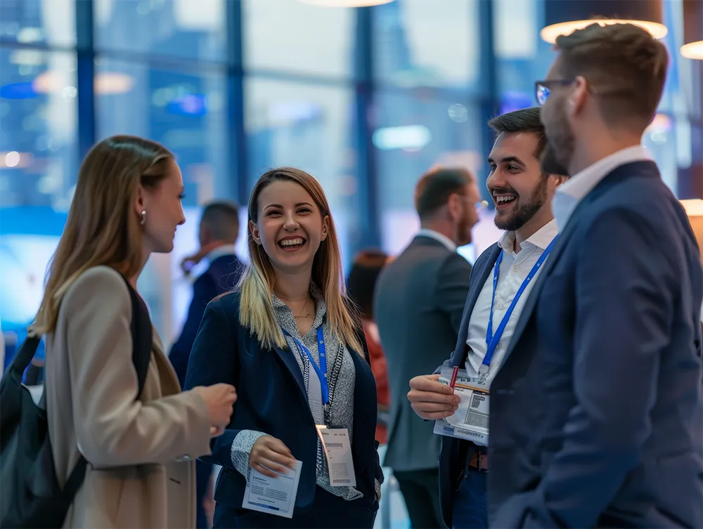 group laughing at tradeshow