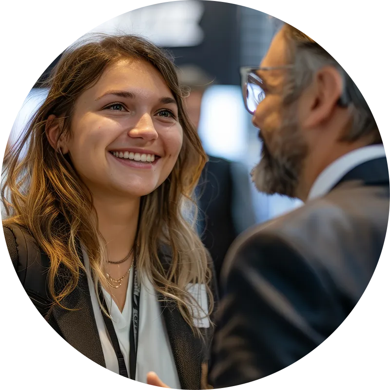 Image of two people talking at tradeshow